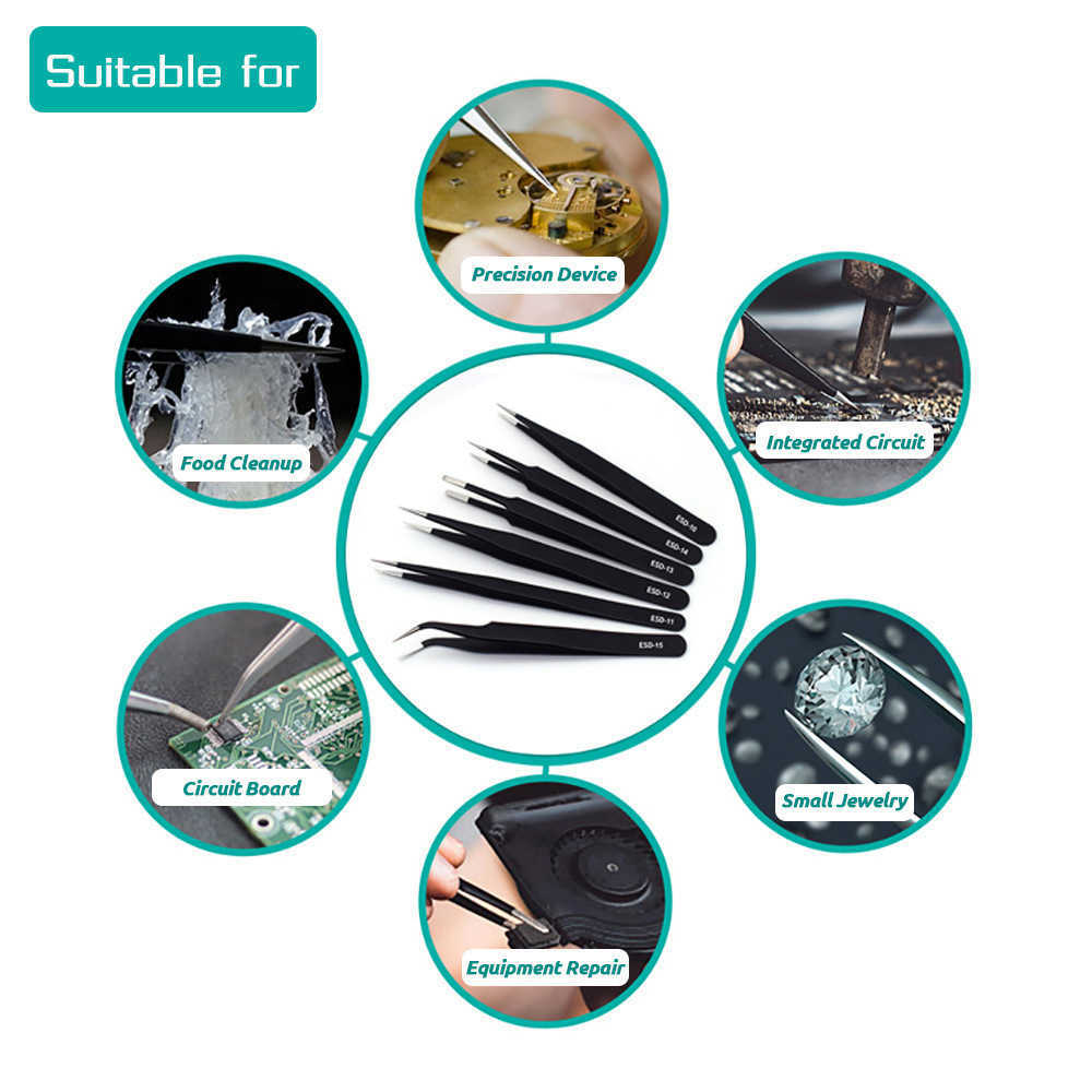 ESD AntiStatic Stainless Steel Tweezers Precision Maintenance Industrial Repair Curved Tool Home Working Model Making Hand Tool made in