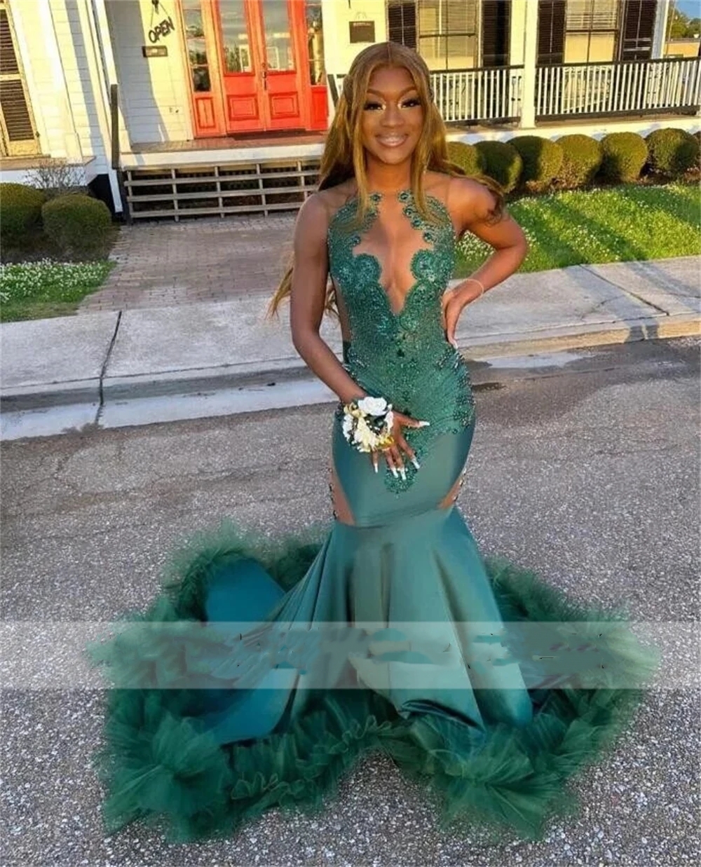 Vintage Green Crystal Ruched Mermaid Prom Dresses 2024 For Black Girls Luxury Graduation Gown Bridal Party Dress Evening robe