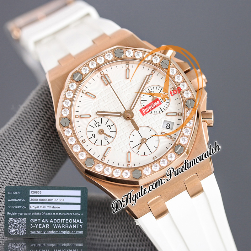 APF 37 mm 26231OR ETA A7750 Automatik-Chronograph Damenuhr Damenuhren Diamanten Lünette Roségold Silber strukturiertes Zifferblatt Weißes Gummi Superversion Puretime