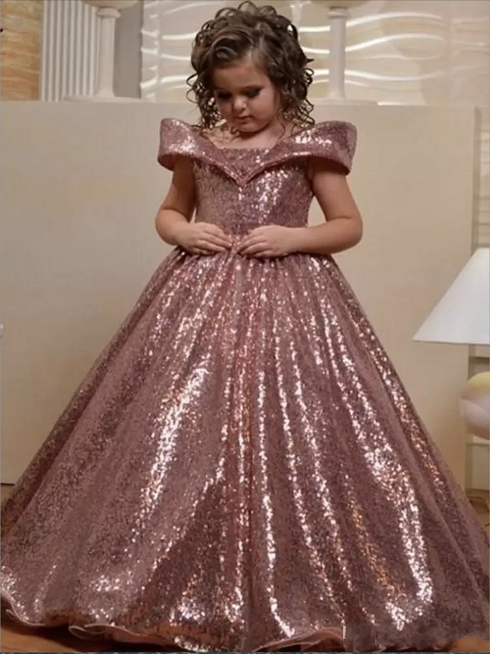 New Year's Rose Gold Sequins Flower Girls Dresses for Wedding Off Shoulder Cap Sleeves First Communion Dress Kids Prom Dress Girls Pageant Gowns Custom Made