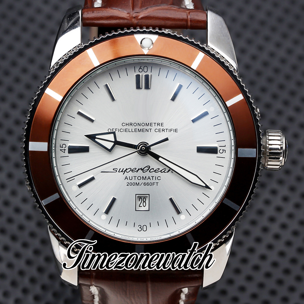 46 mm SuperOcean Heritage II AB2020161 A2813 Montre automatique pour homme Cadran blanc Boîtier en acier Lunette marron Bracelet en cuir marron Date Montres pour hommes Timezonewatch Z30b