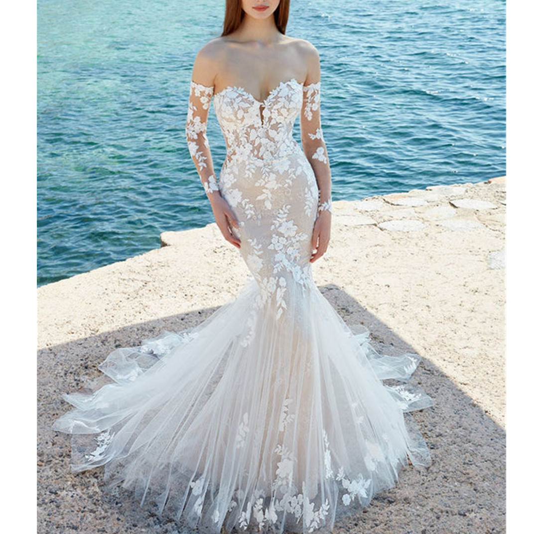 Vestido de novia de encaje Floral de princesa, ilusión de playa, apliques en la espalda, escote en forma de corazón, sirena, vestido de novia de tul, mangas desmontables