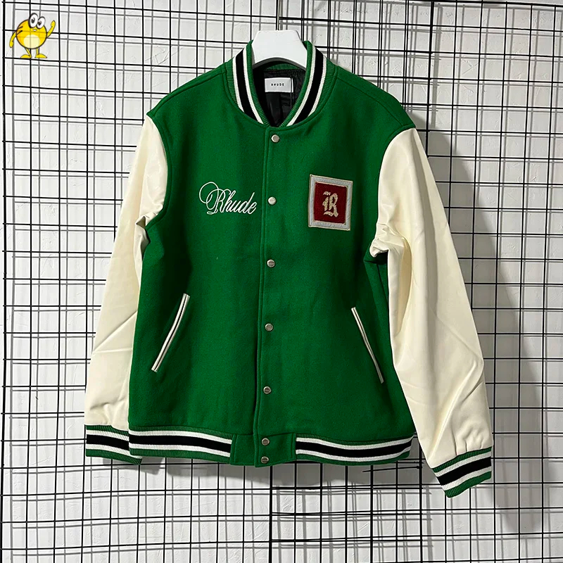 Giacche da baseball con ricamo Uomo Donna Oversize Streetwear 1 Cappotti da esterno con maniche in pelle casual vintage Verde Nero