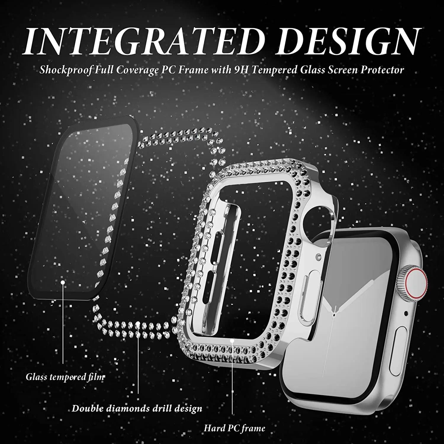 Diamond Cover Voor Apple horloge Case 45mm 44mm 41mm 40mm 42mm 38mm Gehard glas Bumper Screen Protector iWatch serie 8 7 SE 6 5