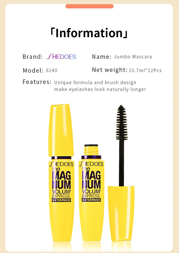 Mascara Waterproof fiber with long curls, thick, natural, long-lasting, and non staining effect "Yellow Fat " eye black