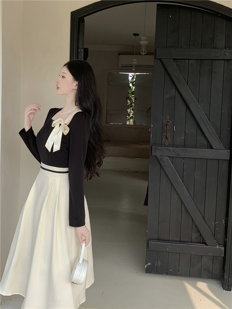 Femme col carré nœud patché manches longues bloc de couleur taille haute midi longue robe trapèze SML