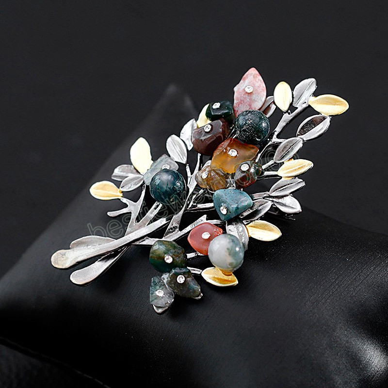 Fashion Flower Brooches Jewelry Natural Stone Retro Tree Brooch For Woman Pins Buckle Wedding Party Bouquet Vintage Accessories