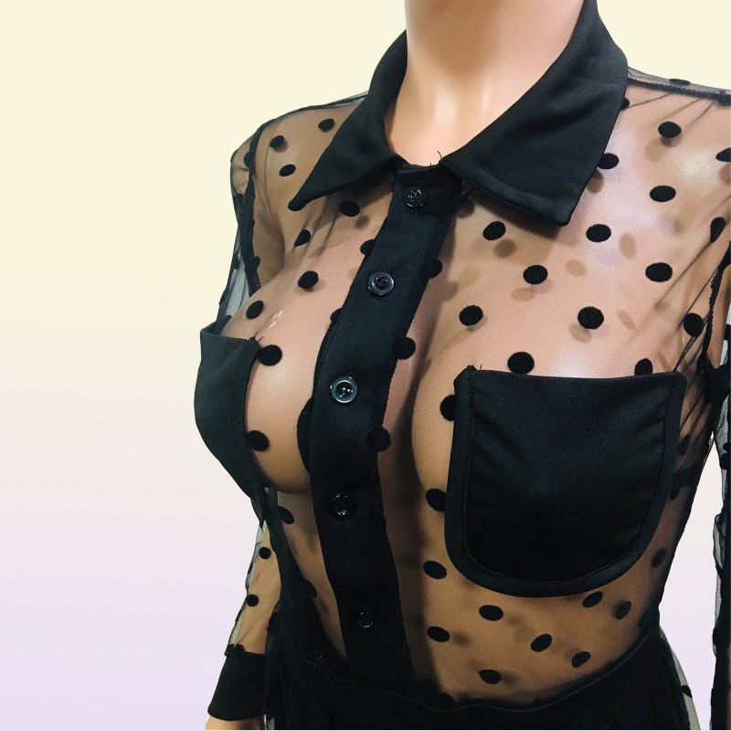 الأسود Polk Dot Mesh Women Women Dresses Sexy Under Down Down Dives Long Cleeves See من خلال خط ملهى ليلي غير رسمي في الكاحل 5083793