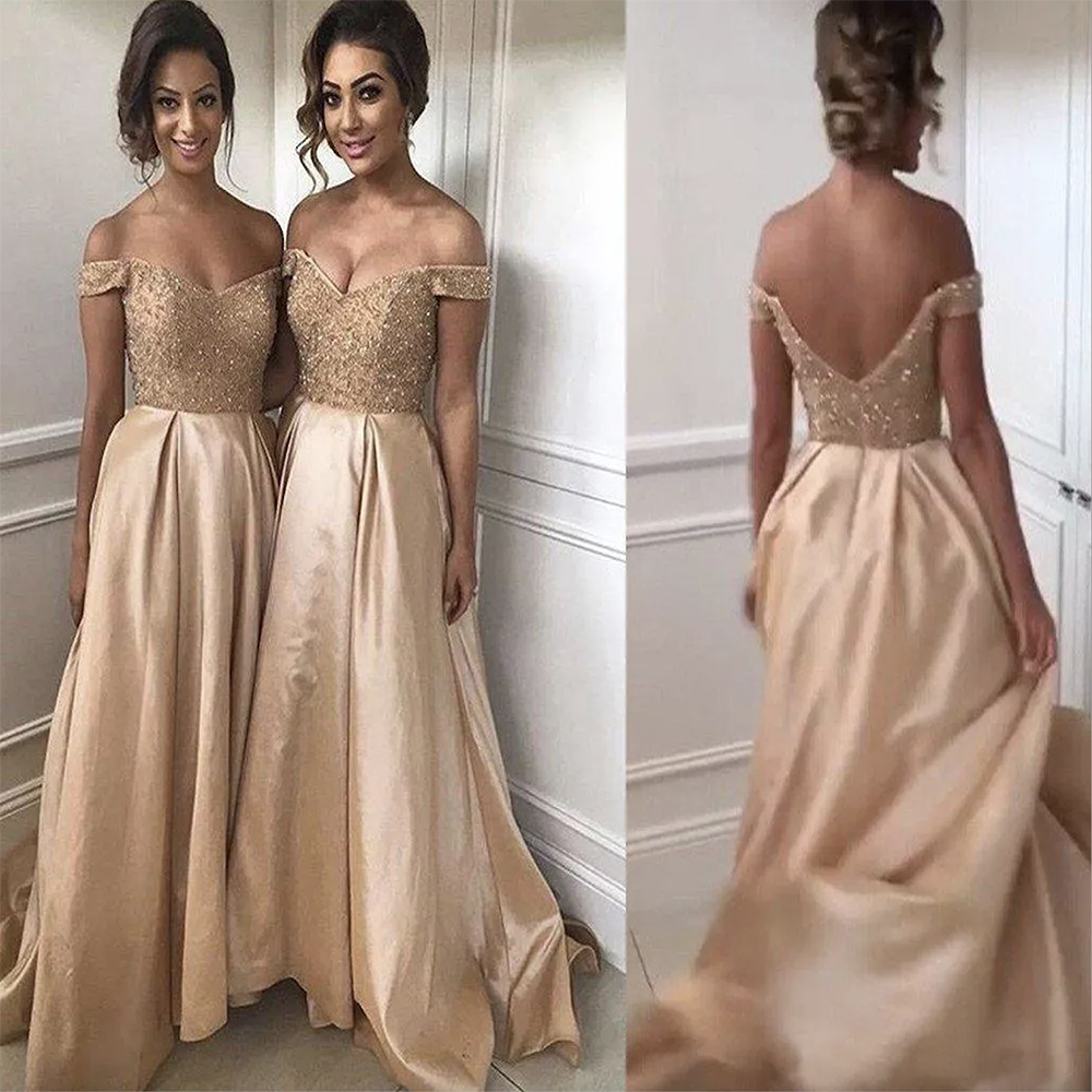 2023 Sexy Bridesmaid Dresses Champagne Gold Maid of Honor Dresses Beaded Lace Top Off the Shoulder Backless Long Wedding Party Gowns