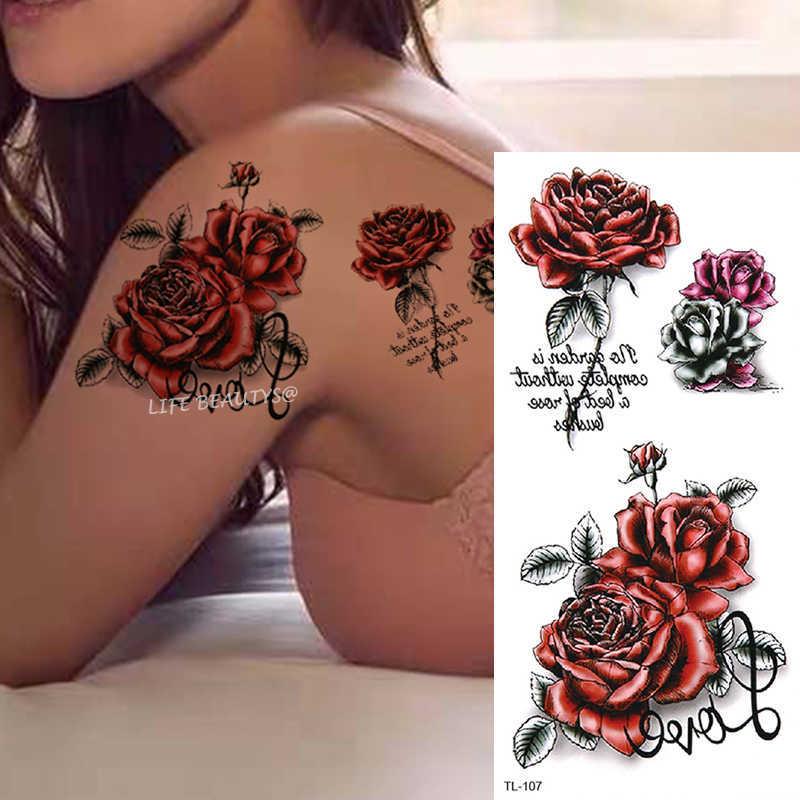 Temporary Tattoos Beauty Flower Diamond Black Rose Waterproof Temporary Tattoo Body Art Arm Sleeve Water Transfer Fake Women Decoration Sticker Z0403