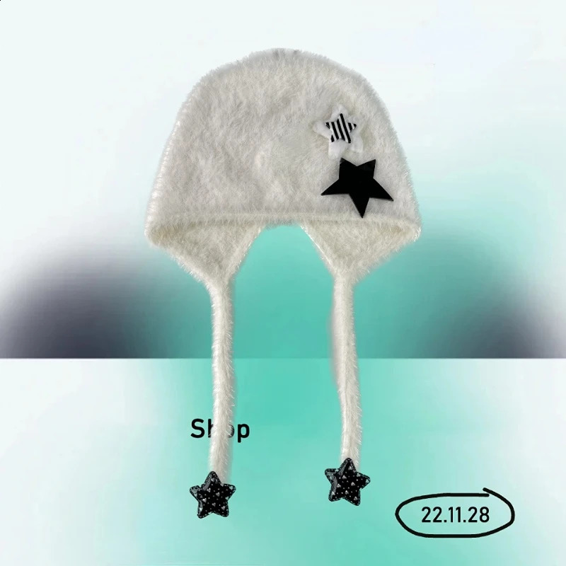 Beanie/Skull Caps Y2k In Hat Cute Imitation Mink Hat Women Ear Protector Star Decorate Lacing Strap Warm Trend Sweet Winter White Beanie Cap 231102