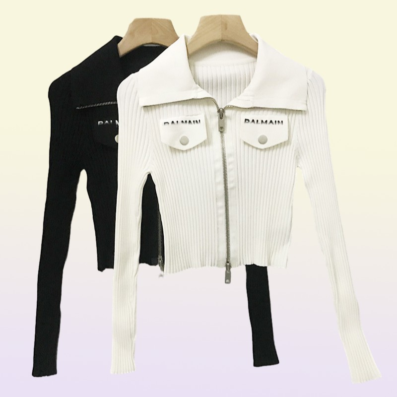 803 2021 Yaz Sonbahar Marka Aynı Stil Üst Uzun Kollu Yakası Beyaz Beyaz Siyah Hırka Moda Kadın Kıyafetler Kazak Kadınlar Bez9095004