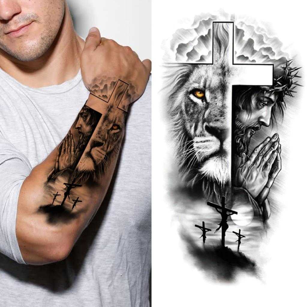 Tijdelijke tatoeages God Cross Lion Tijdelijke tatoeages voor mannen Vrouwen realistische kompas leeuw nep tato's onderarm Jezus Christus dij tattoo sticker Z0403