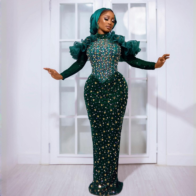 Hunter Green Aso ebi Prom Dresses Halter Mermaid Mermaid urganza requed tulle rehinestones rehinestones farmbling blingbling African Nigeria Dress Dress Dress Dress