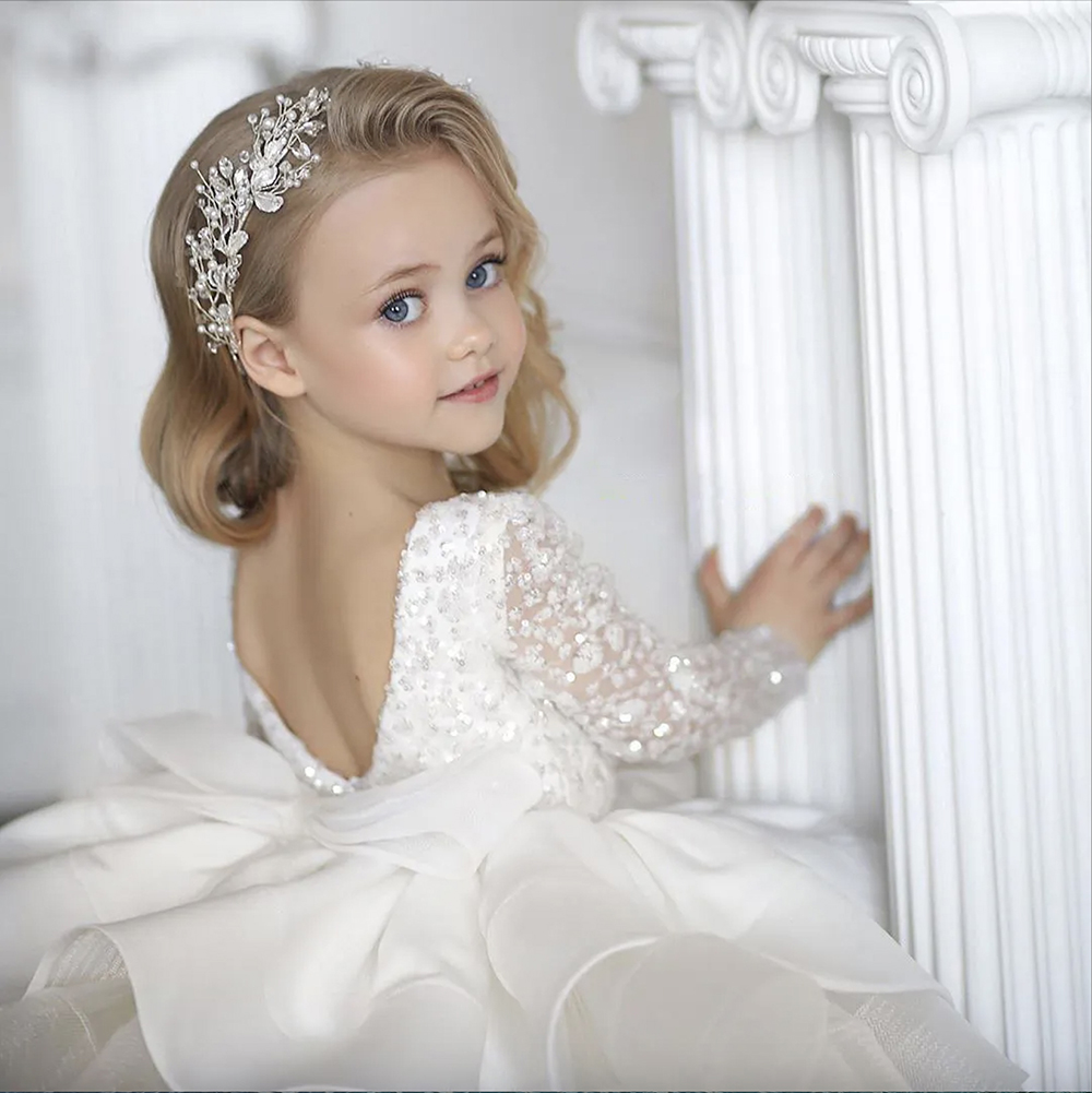 Or Champagne Fleur Filles Robes Jewel Cou Manches Longues Princesse Dentelle Appliques Cristal Perles Étage Longueur Arc Tutu Enfants Fille Pageant Robe D'anniversaire Robes