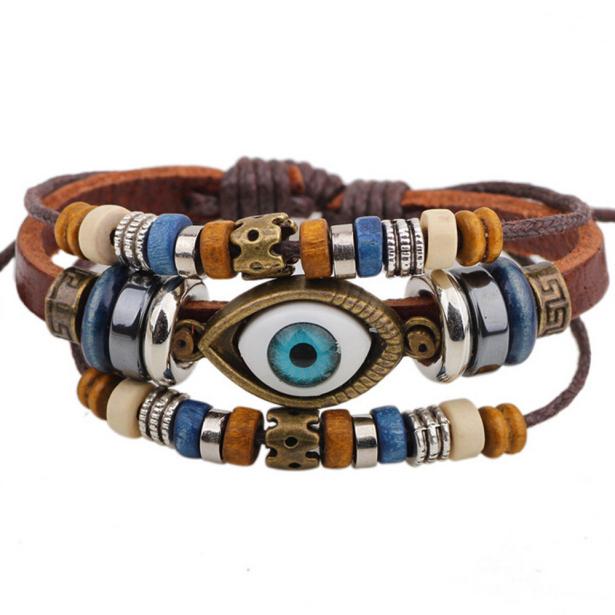 Punk Handmade Turkish Evil Eye Multilayer Leather Bracelet Man Woman Bronze Charm Jewelry Bangle Bijouterie Gift