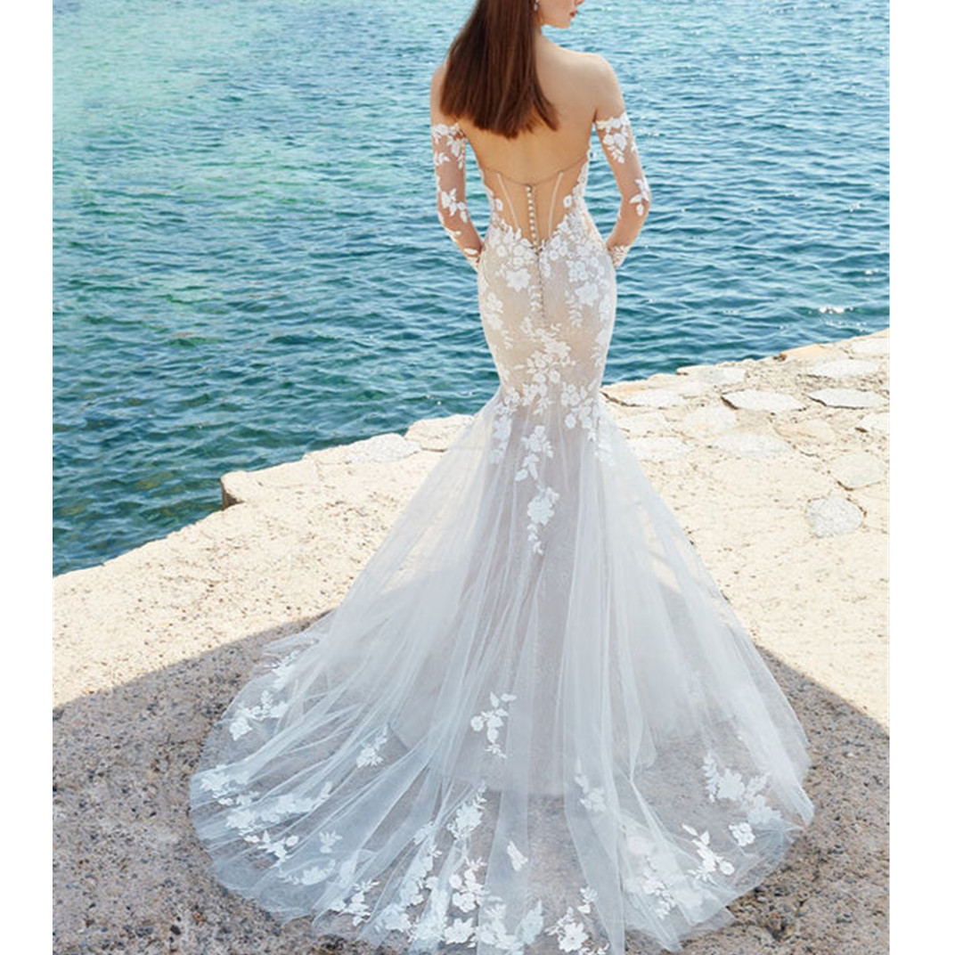 Princess Floral Lace Wedding Dress Beach Illusion Back Applices Sweetheart Mermaid Bridal Gown Tulle Vestidos Löstagbara ärmar