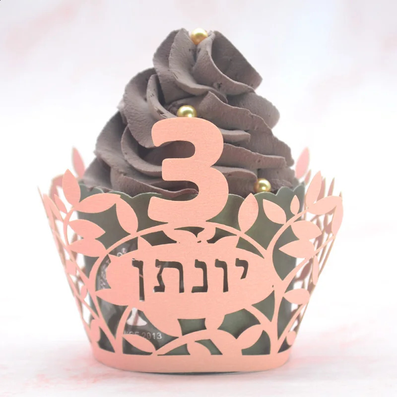 Cadeau Wrap Je Upsherin Party Décoration Laser Cut Personnalisé Nom Hébreu Cupcake pour 3 Ans Événement 231102