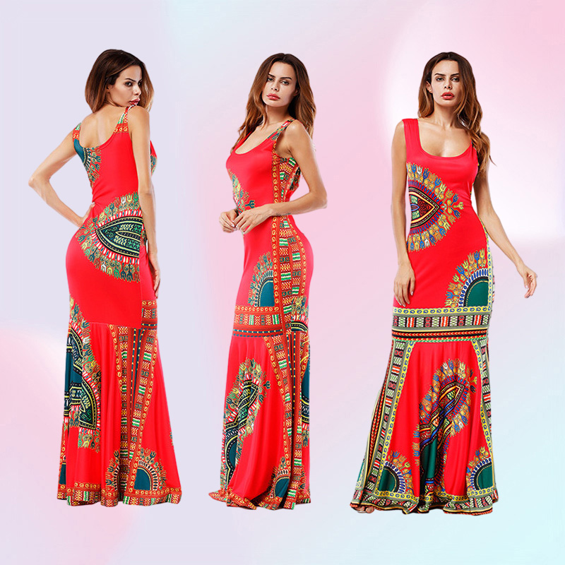 Women African Dashiki Maxi Dress African Bazin Print Robe Long Dresses Traditional Ladies Plus Size Slim Beach Dress9306136