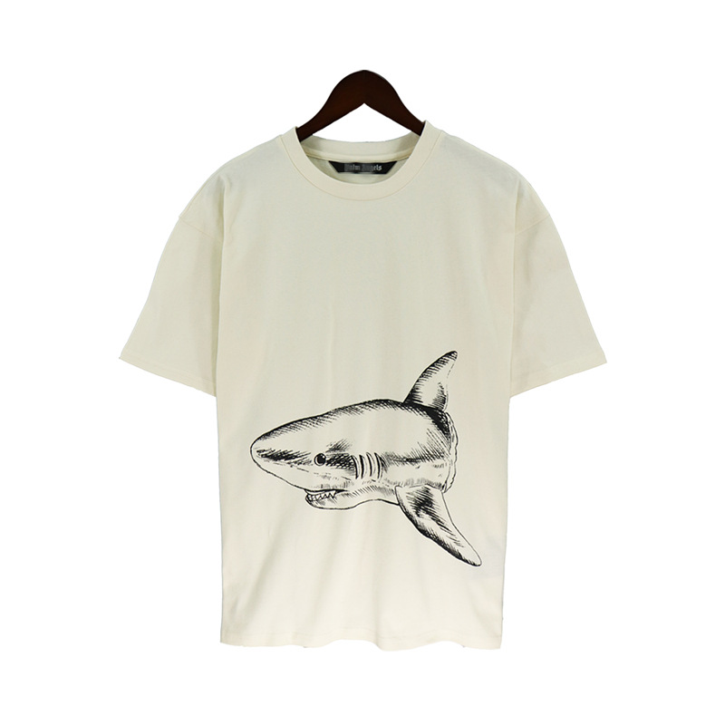 Modemärke T-shirts Shark Letters Print Fashion Street Hip Hop Casual Loose Tees for Men Women