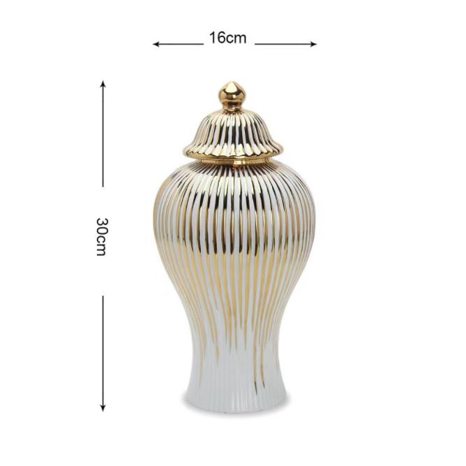 Qbsomk Pot de Gingembre en Céramique Rayures Dorées Pot Général Décoratif Vase Réservoir de Stockage en Porcelaine avec Couvercle Artisanat Décoration de la Maison