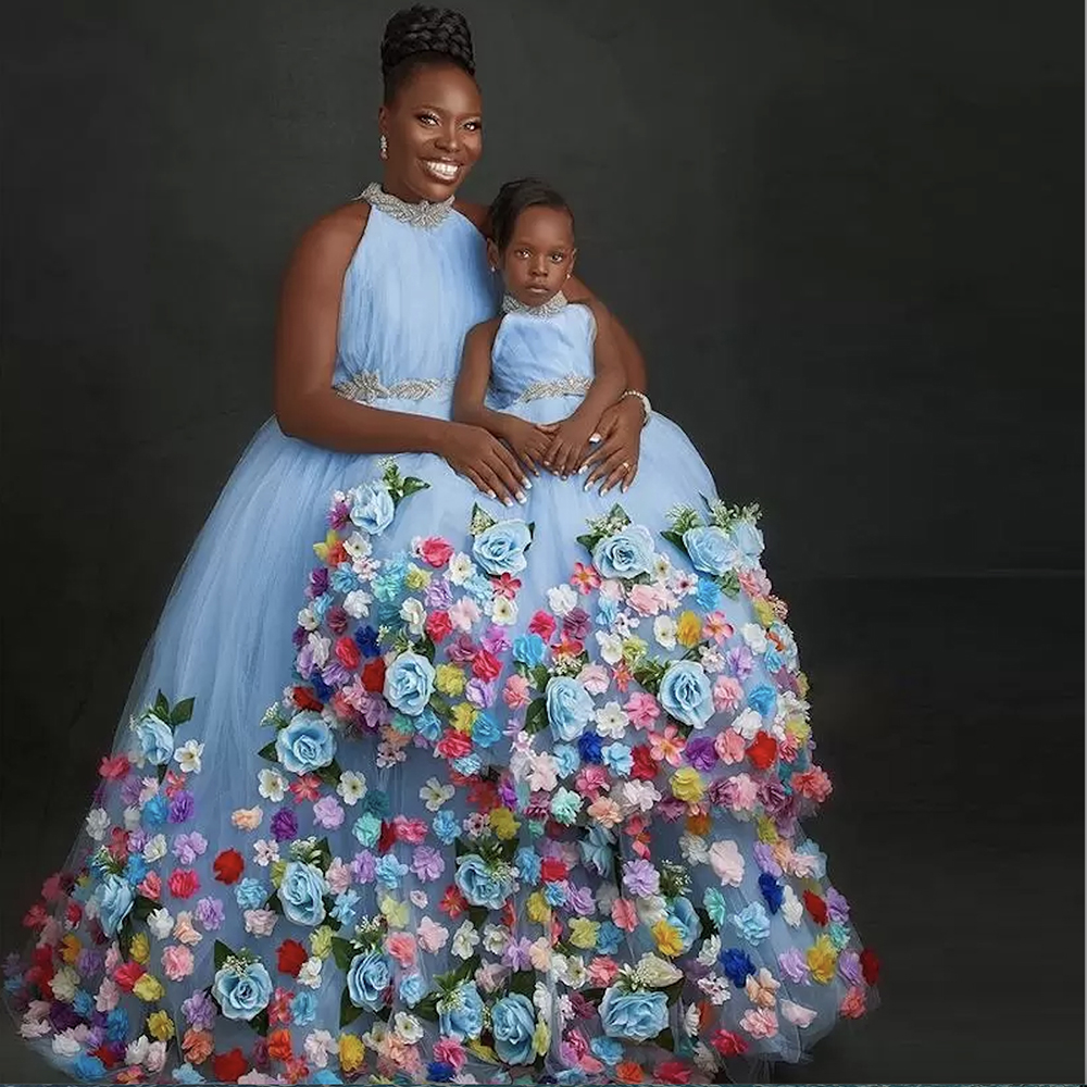 Light Blue Flower Girl Dress For Weddings Jewel Neck 3D Floral Beading Tulle Birthday Gowns Pageant First Communion Wear