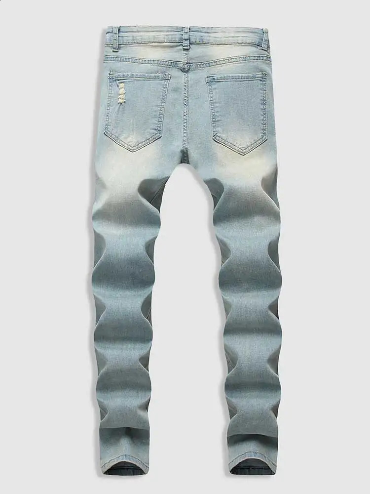 Kvinnors jeans Män fasta bleknade rippade frayed denim Mid midja smala monterade byxor Ankellängds blixtlåsbyxor med fickan 231102