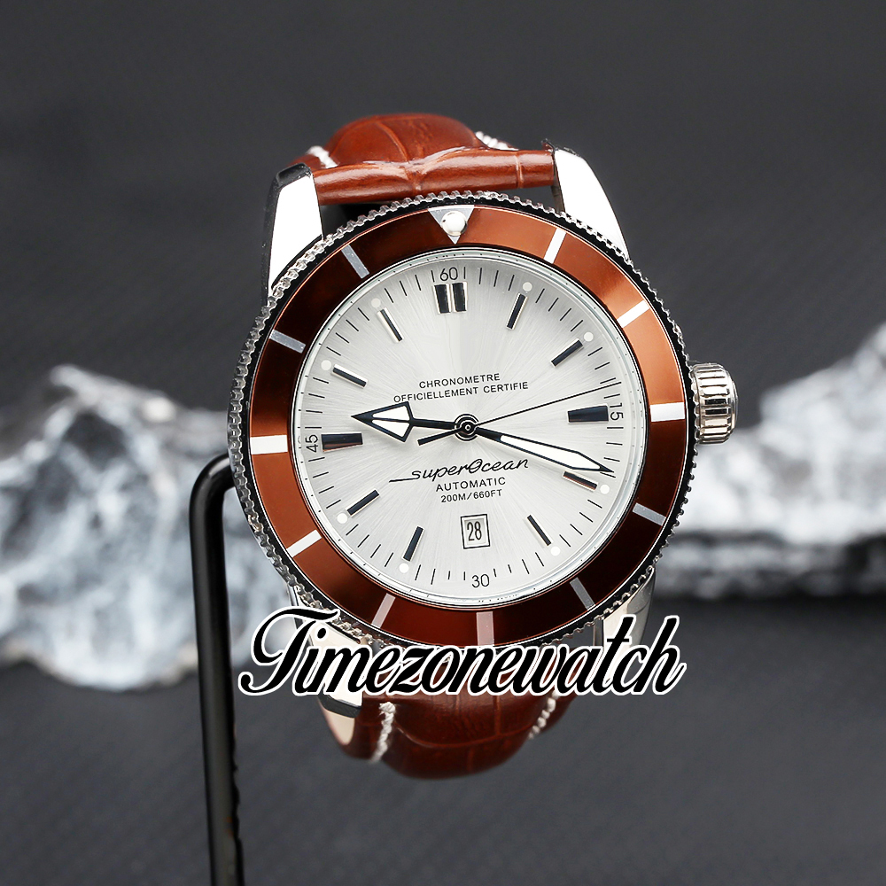 46 мм SuperOcean Heritage II AB2020161 A2813 Автоматические мужские часы Белый циферблат Стальной корпус Коричневый безель Коричневый кожаный ремешок Дата Мужские часы Timezonewatch Z30b