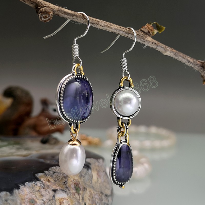 Vintage Gold / Silver Color Dark Purple Stone Drop Dangle Earrings for Women Banquet Party Jewelry Charming Gift