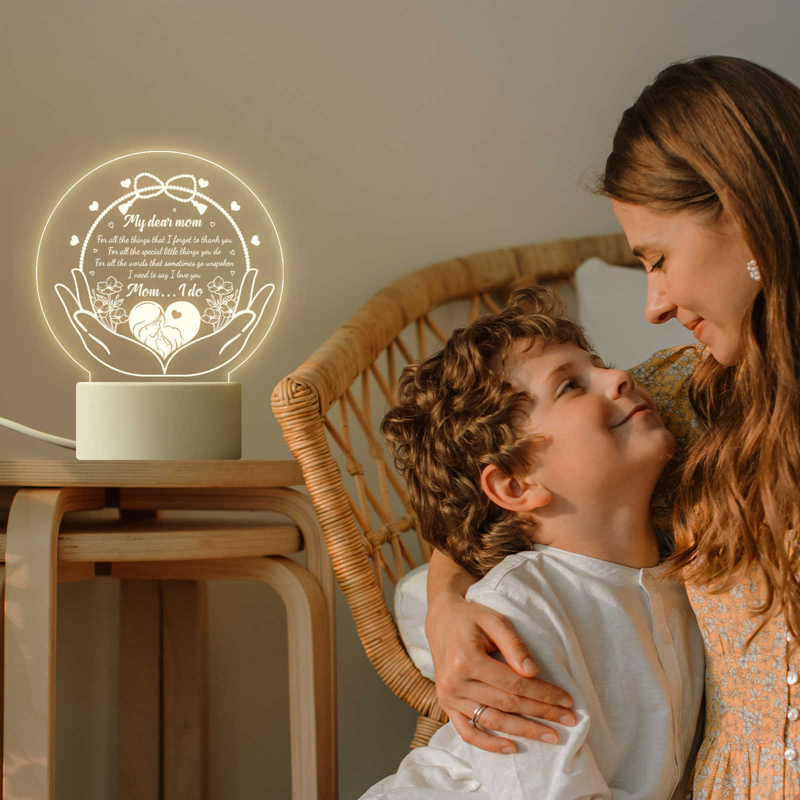 Luces nocturnas Día de la madre Cumpleaños Regalo personalizado USB LED 3D Luz nocturna Decoración del dormitorio Lámpara de mesita de noche Regalo único para mamá P230331