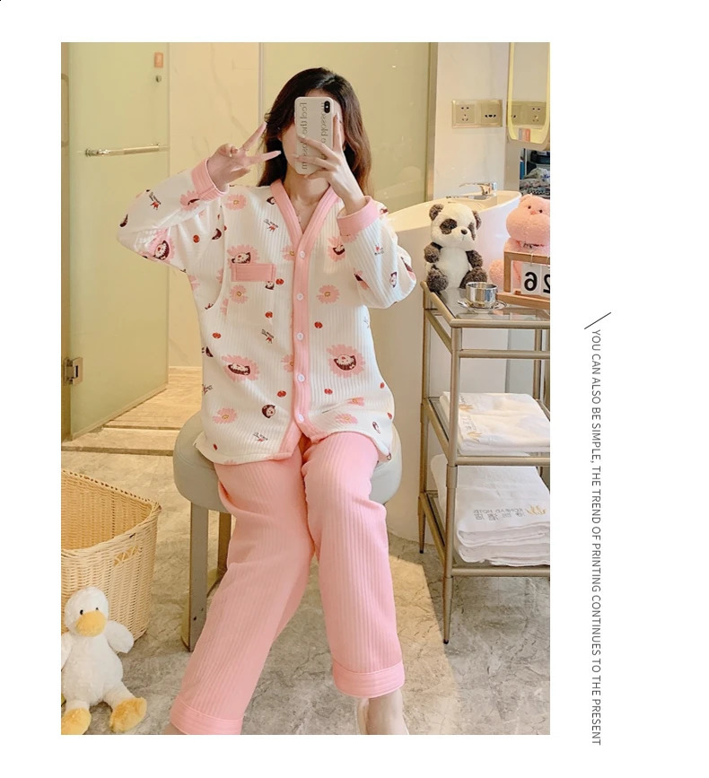 Sleep Lounge Air Algodão Pijamas para Mulheres Grávidas Impressão Outono Inverno Engrossado Roupas Pós-Parto Amamentação Conjuntos de Maternidade 231102