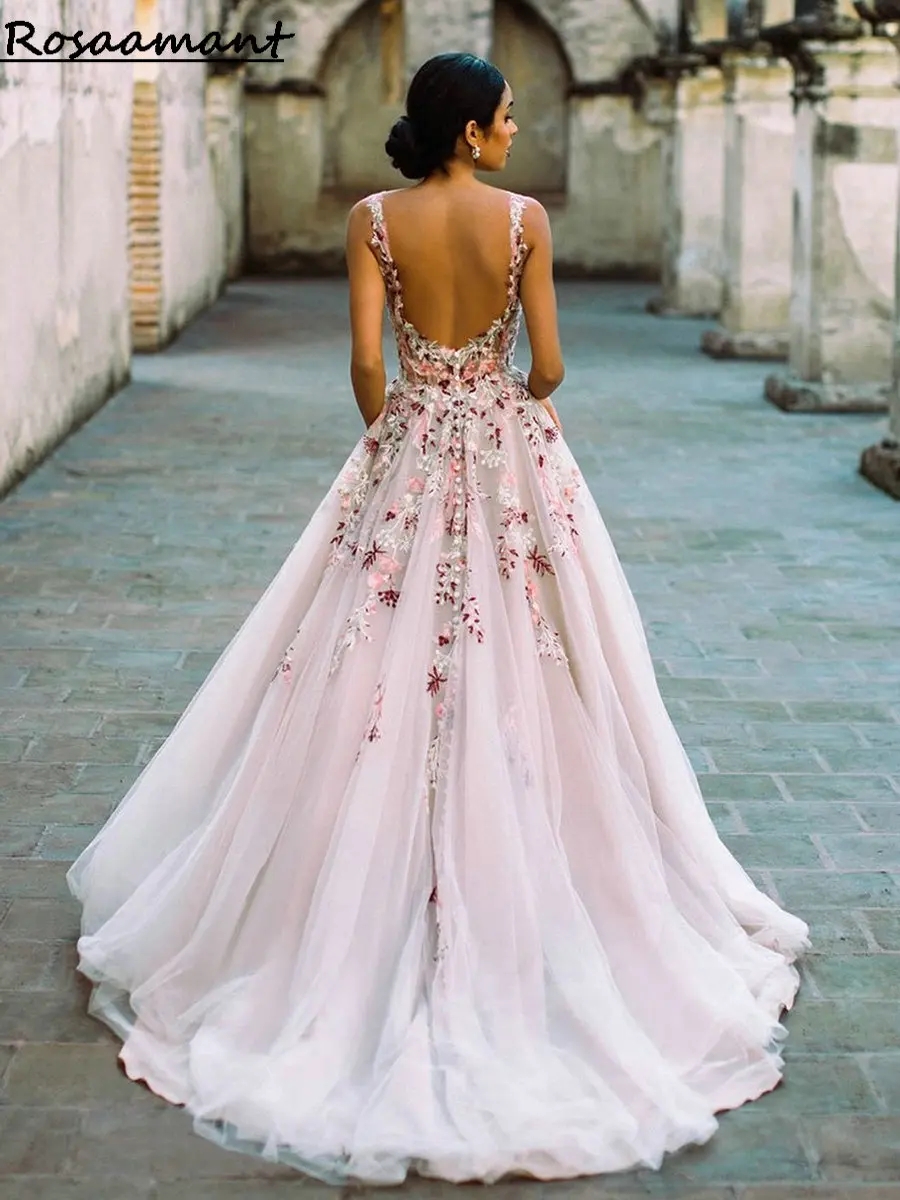 Colorful Wedding Dresses Lace Backless A-Line V-Neck Sleeveless Country Bridal Gowns