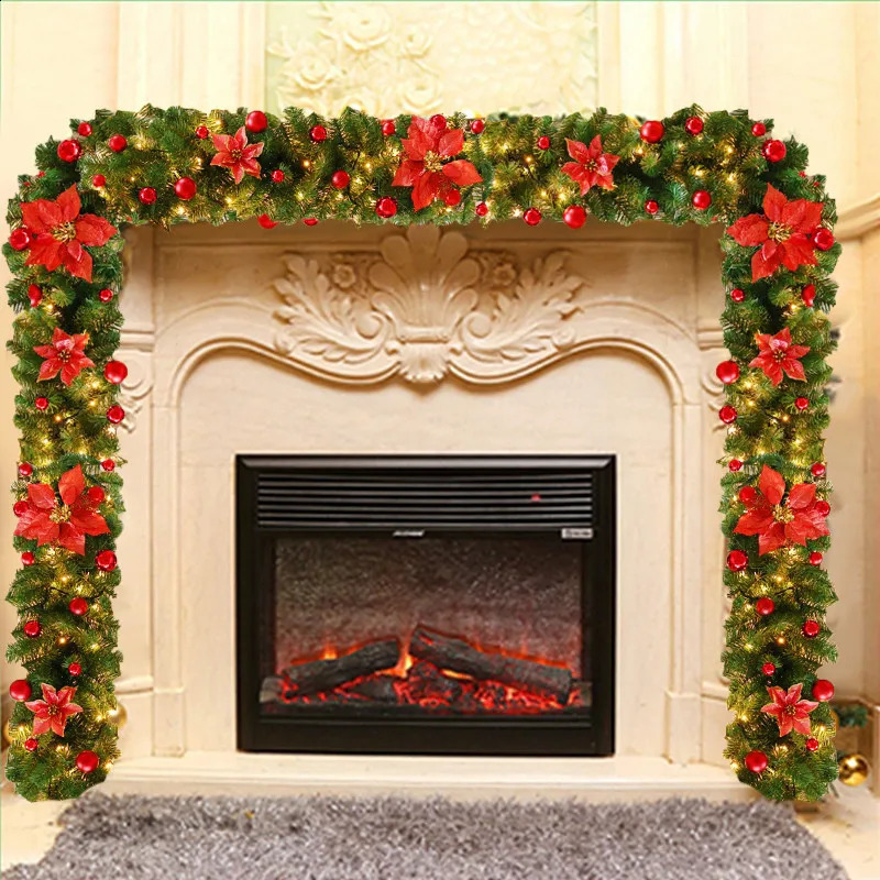 Dekorativa blommor kransar Jul LED Rattan Garland dekorerar konstgjorda Xmas trädbanner dekoration kransgrönt för år 231102