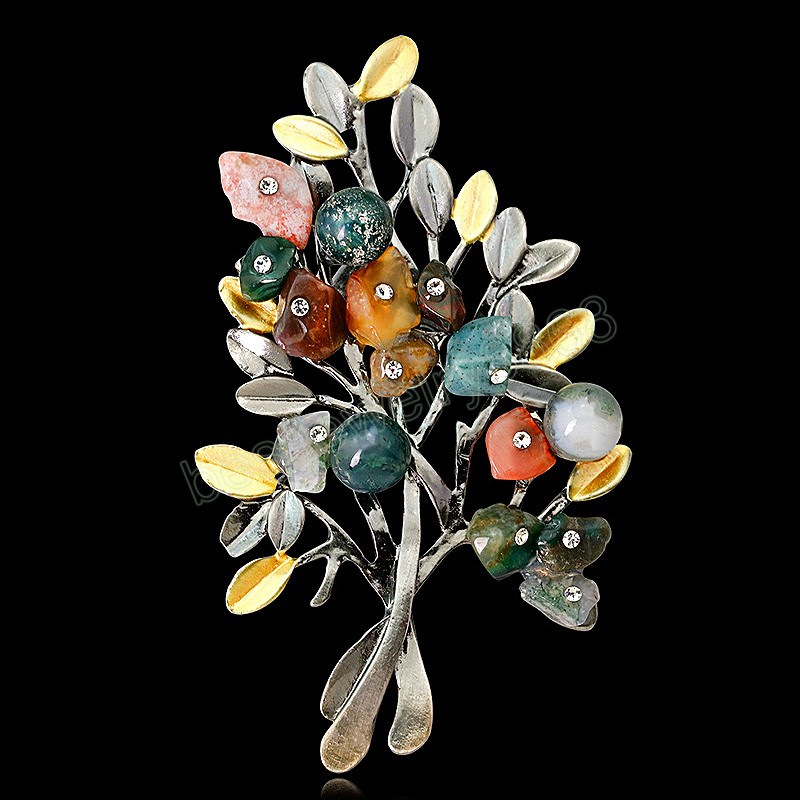 Fashion Flower Brooches Jewelry Natural Stone Retro Tree Brooch For Woman Pins Buckle Wedding Party Bouquet Vintage Accessories