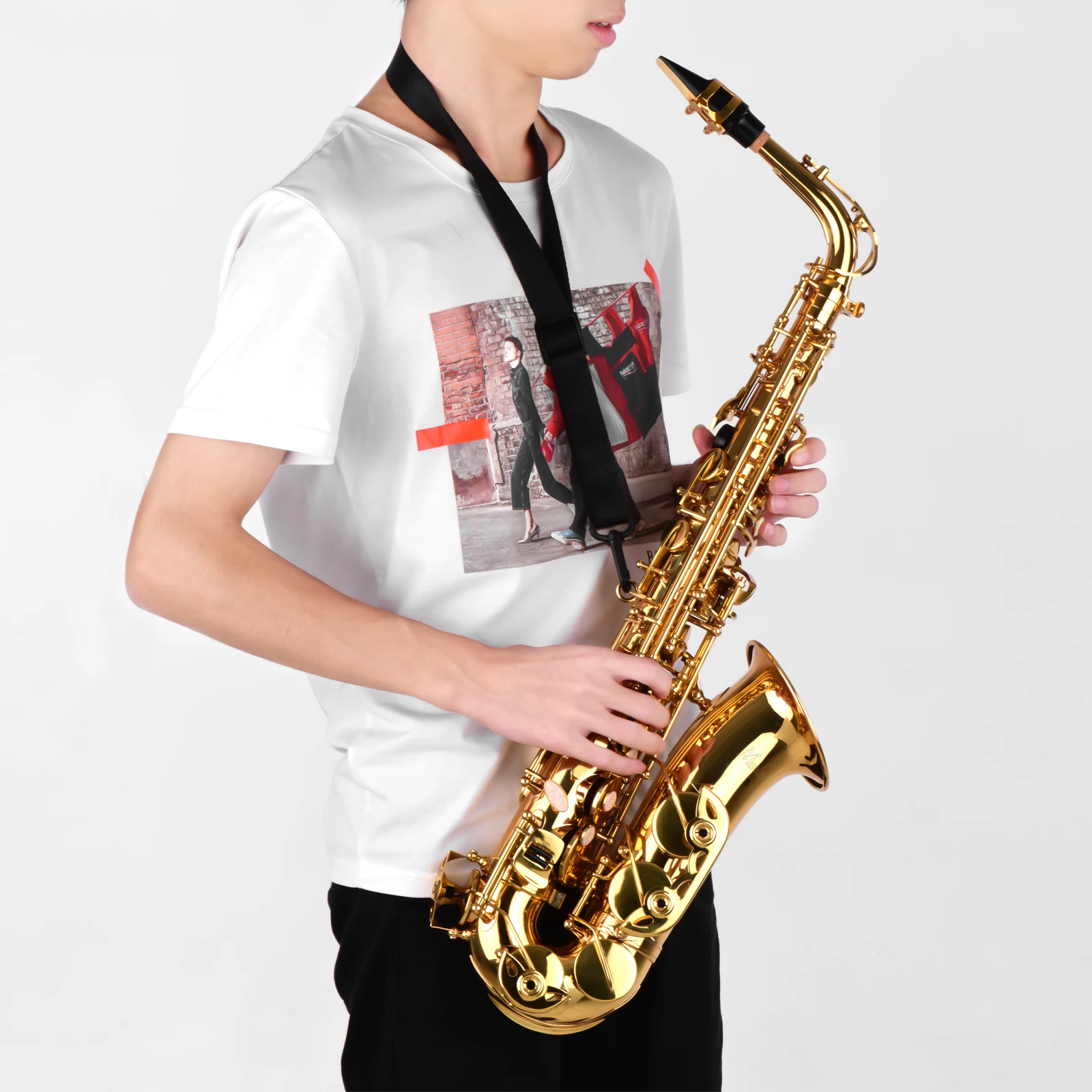 Eb-Altsaxophon, Messing, lackiertes Gold, E-Flach-Altsaxophon, Holzblasinstrument mit Tragetasche, Handschuhen, Riemen, Bürste für Saxophonzubehör