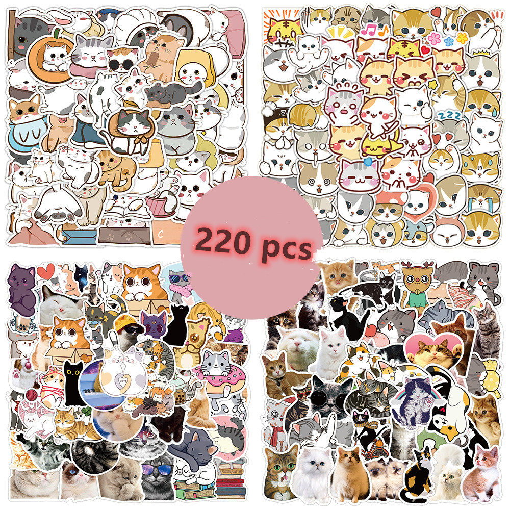 220 stuks niet-herhalende cartoon schattige katten dierenstickers voor mobiele telefoonhoesjes, telefoonstickers