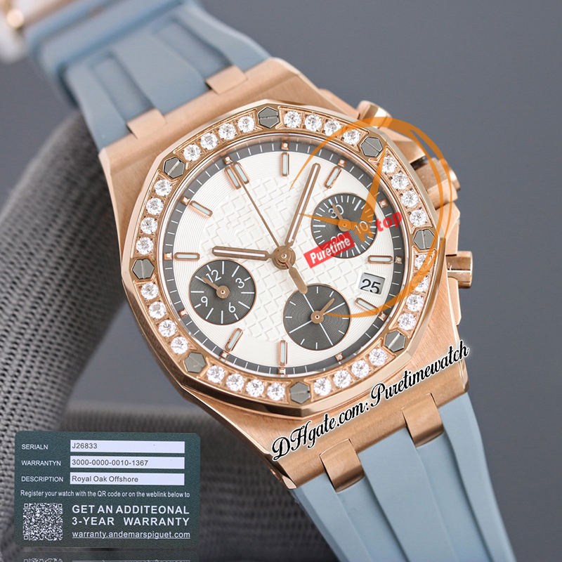 APF 37 mm 26231OR ETA A7750 Automatik-Chronograph Damenuhr Damenuhren Diamanten Lünette Roségold Silber strukturiertes Zifferblatt Weißes Gummi Superversion Puretime