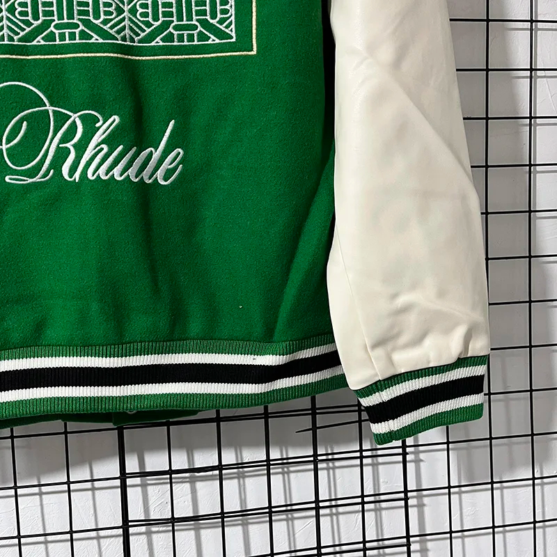 Chaquetas de béisbol bordadas para hombre y mujer, ropa de calle de gran tamaño, abrigos informales Vintage con manga de cuero para exteriores, color verde y negro