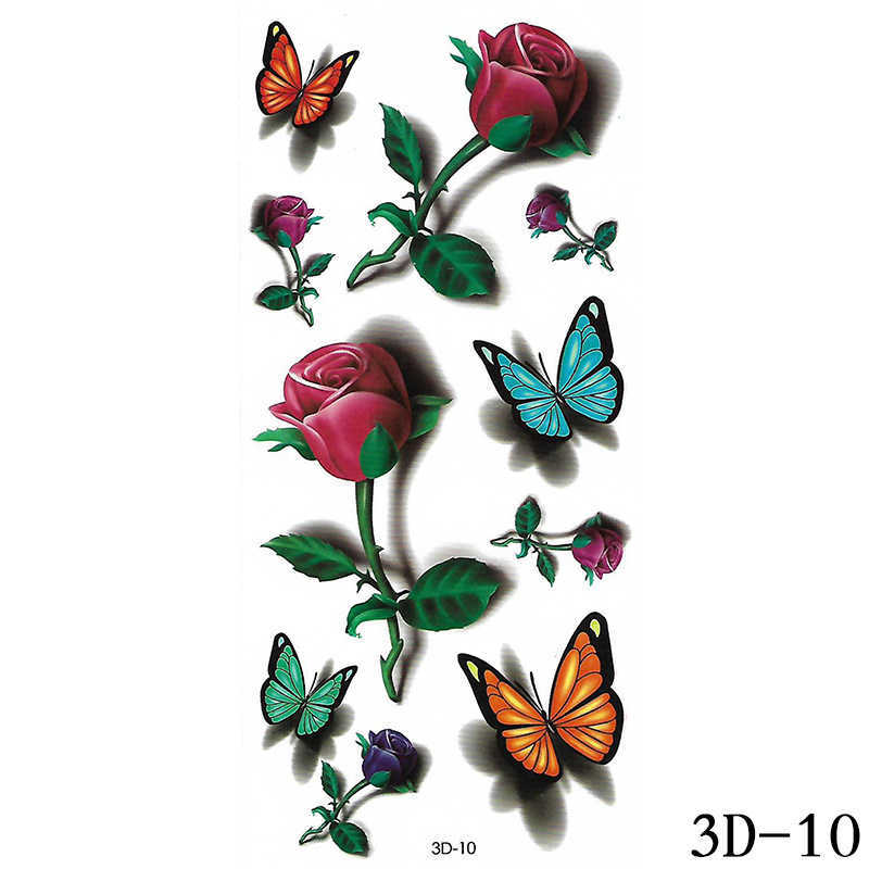 Tijdelijke tatoeages 1 stcs 3D Butterfly Tattoos Stickers Rose Flower Girls Dames Body Art Wateroverdracht Tijdelijke tattoo sticker Arm Pols Fake Tatoo Z0403