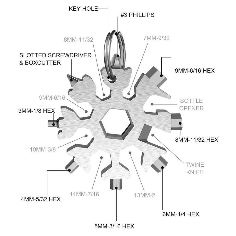 Porte-clés hexagonal multifonction en forme de flocon de neige, clé de randonnée en plein air, porte-clés de poche, outils manuels de survie en camping polyvalents