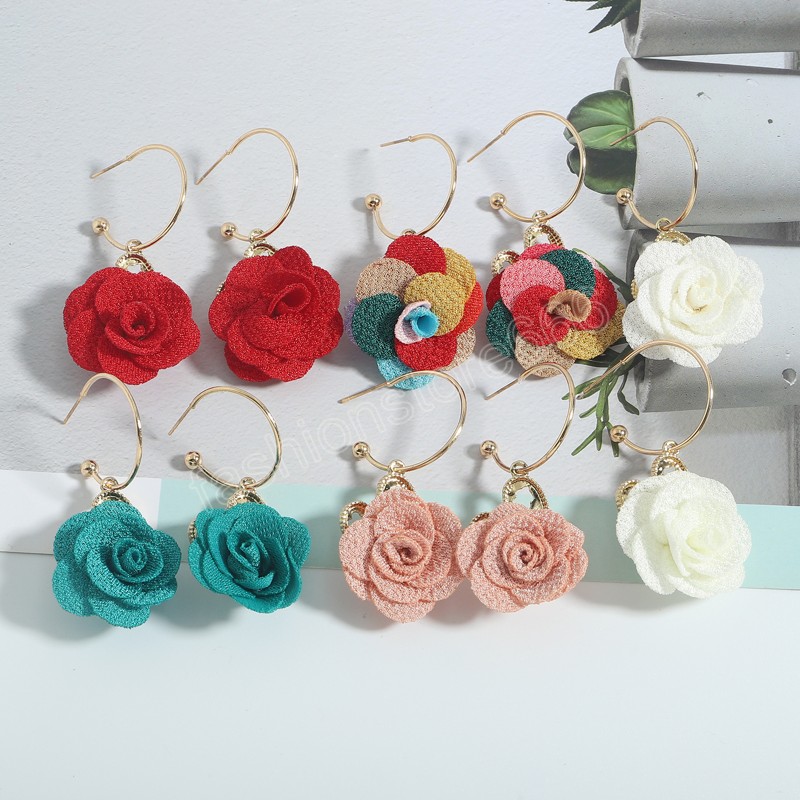 Große Blumen-Anhänger-Ohrringe für Frauen, eleganter Stoff, baumelnde Ohrringe, 2023, Mode, bunte Hochzeitsaccessoires, Damen, Mädchen, Geschenke