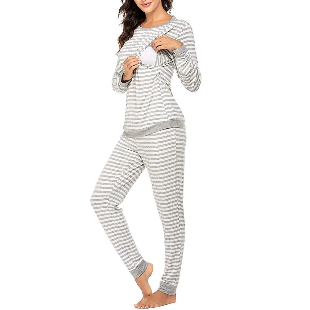 Radiation Suit Winter Women Maternity Nursing Pajama Set Striped Breastfeeding Sleepwear Double Layer Long Sleeve Top Bottom Pregnancy PJ 231102