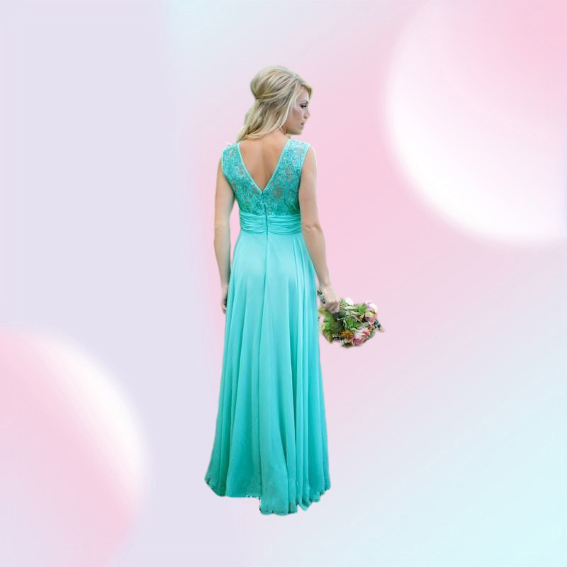 2019 New Teal Country Bridesmaid Vestres escapam uma linha de chiffon renda v vestidos de damas de honra baratas sem costas para casamento BA15133781402