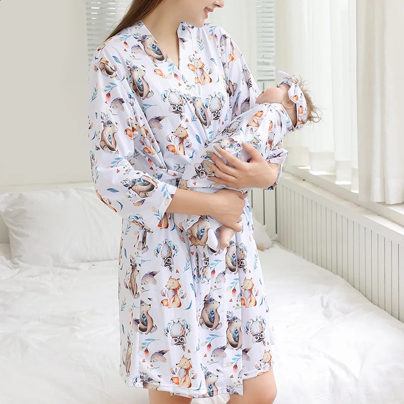 Sleep Lounge Maternity Cartoon Dress Pregnant Women Nursing Sleepwear Mothertobe Pyjamas Baby Swaddle Wrap filt pannband hatt 4 st -uppsättningar 231102