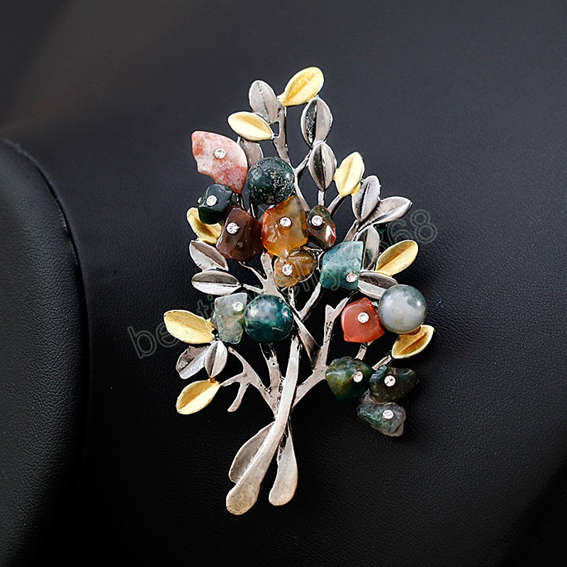 Fashion Flower Brooches Jewelry Natural Stone Retro Tree Brooch For Woman Pins Buckle Wedding Party Bouquet Vintage Accessories
