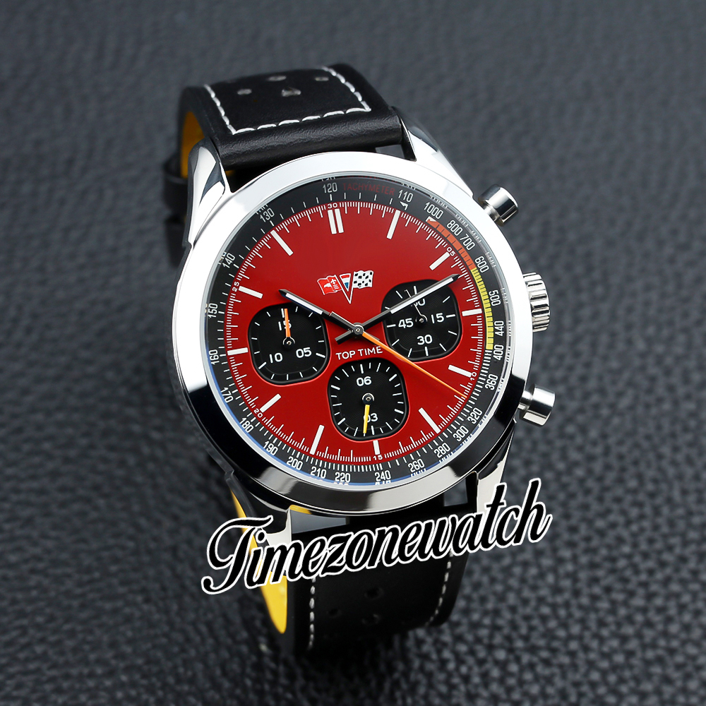 Top Time Chevrolet Corvette Quartz Chronograph Mens Watch A25310241K1X1 Steel Case Red Dial Stick Markers Black Leather Stopwatch Watches Timezonewatch Z12a
