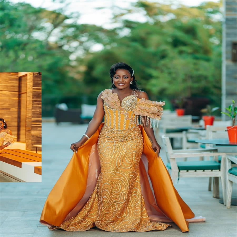 2023 Arabisch Aso Ebi Gold Meerjungfrau Abendkleid Pailletten Spitze Abendkleider Abnehmbarer Zug Geburtstag Verlobung Zweites Kleid Kleid Frauen Formelle Kleidung WD033