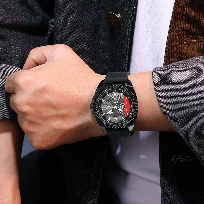 Orologio da uomo al quarzo da uomo con nastro in silicone marea sportiva di nuovo stile, orologio da uomo d'affari nero rotondo impermeabile alla moda