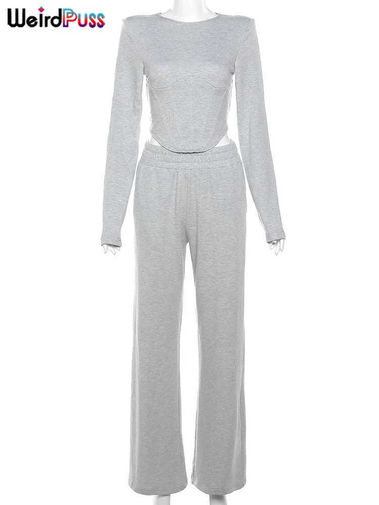 Herrspårar konstiga puss casual tracksuit kvinnor 2 stycke set höst trend oregelbunden t-shirt+hög midja raka byxor enkla bekväma kläder