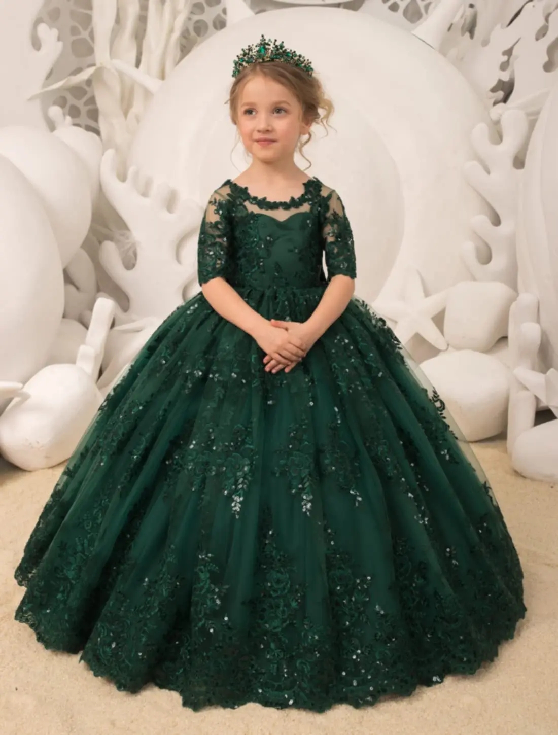 Vestido de fiesta de princesa Vestidos de desfile de niña de encaje con lentejuelas de color verde oscuro Medias mangas con cuello en O Vestidos de fiesta formales para niños Vestido de niña de flores de boda sin espalda con lazo CL2877